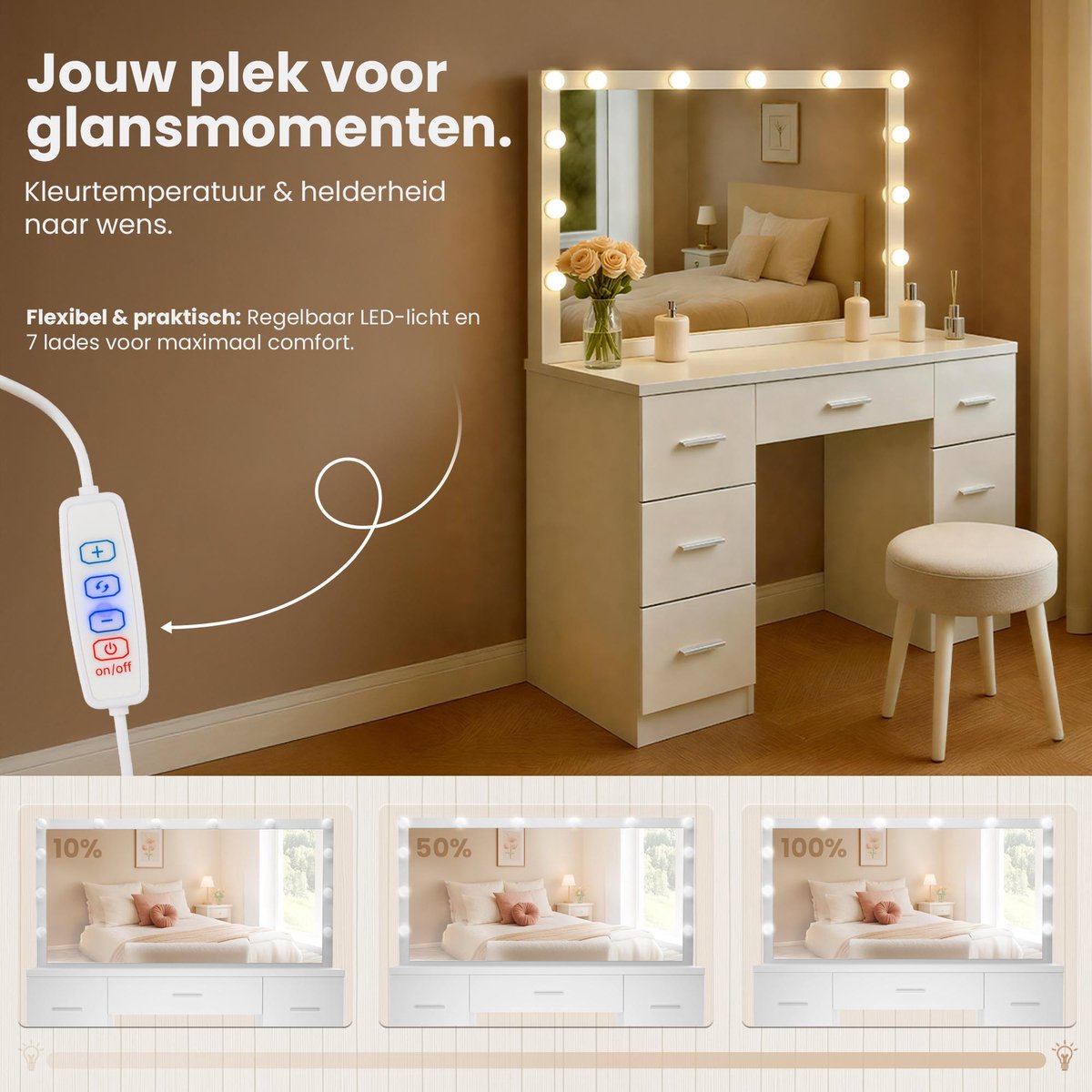 Daphomeu Led-spiegellamp, 3 kleuren, dimbaar, make-up-tafellamp, make-uplamp, spiegellamp voor cosmeticaspiegel, badkamerspiegel