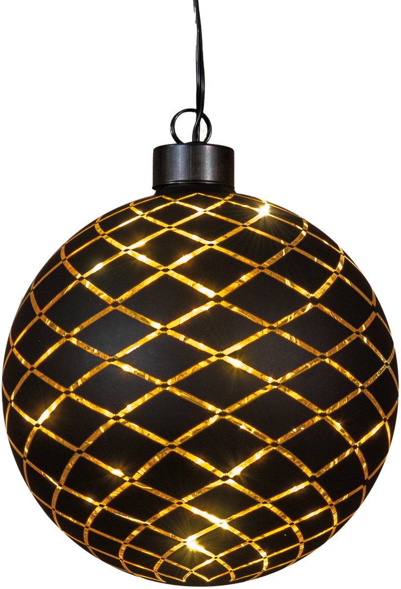 Anna's Collection Verlichte kerstbal - goud - D12 cm - Diamant patroon - 10 LED lampjes - warm-wit - hangende kerstbal - hangdecoratie