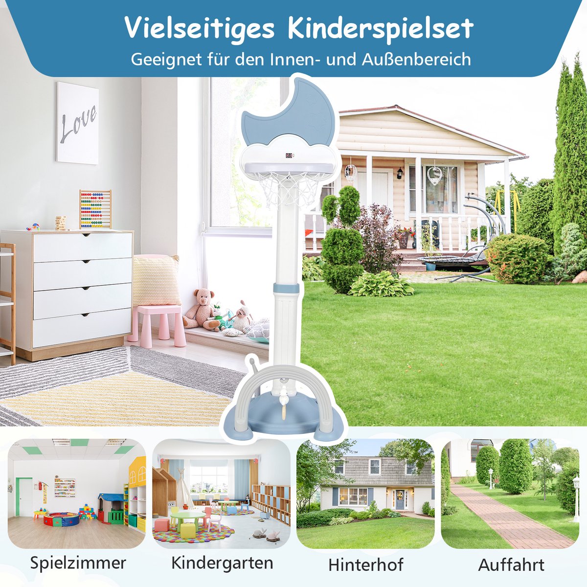 COSTWAY 4-in-1 basketbalkorf voor kinderen, in hoogte verstelbaar, met basketbal, voetbal en ringworp, kinderspeelplaats met displaybord, mandinstallatie voor kinderen vanaf 3 jaar (blauw) — afbeelding 5