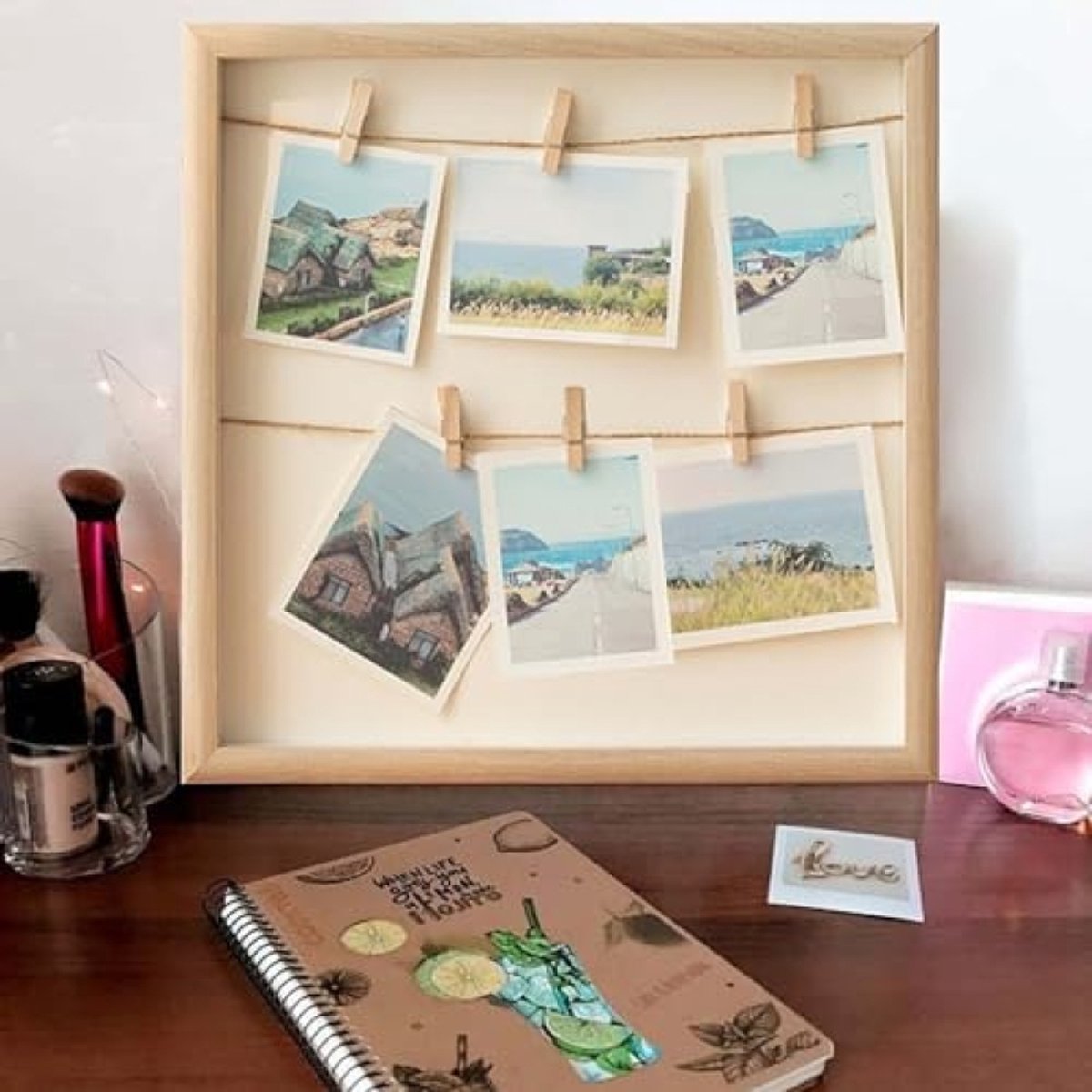 PromoHome DIY Fotocollage Set - Vierkante Houten Fotolijst met Touw en Klemmen - 32x32 cm