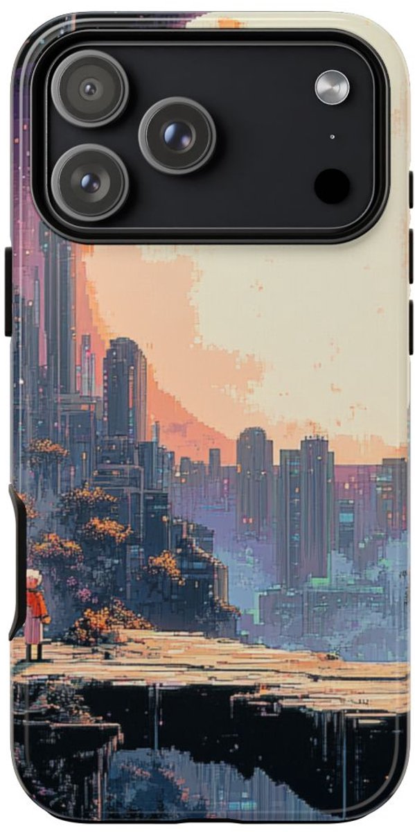 Pixel Art Stadsgezicht met Grote Maan – Telefoonhoesje Geschikt voor iPhone 17 Pro Max