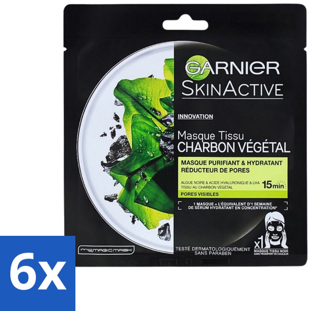 6 x Garnier - SkinActive - Tissue Masker - Charcoal - 1 Gezichtsmasker - Huid Masker - Houtskool Masker - Reinigende Masker - Hydraterend Masker - Poriën Vermindering