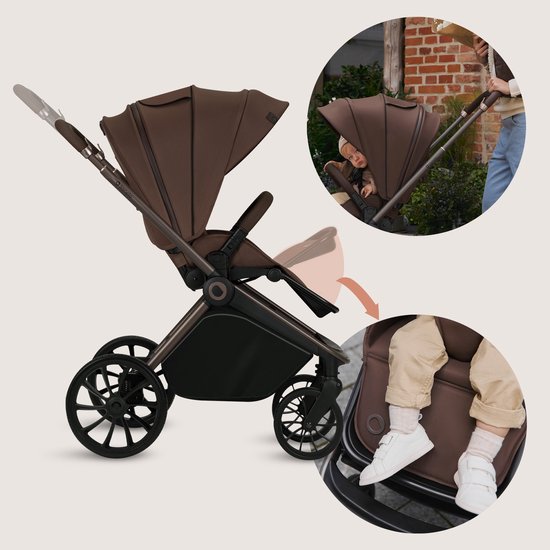 Bruine kinderwagen met kap, zitting en voetensteun. Baby's benen in cirkel.