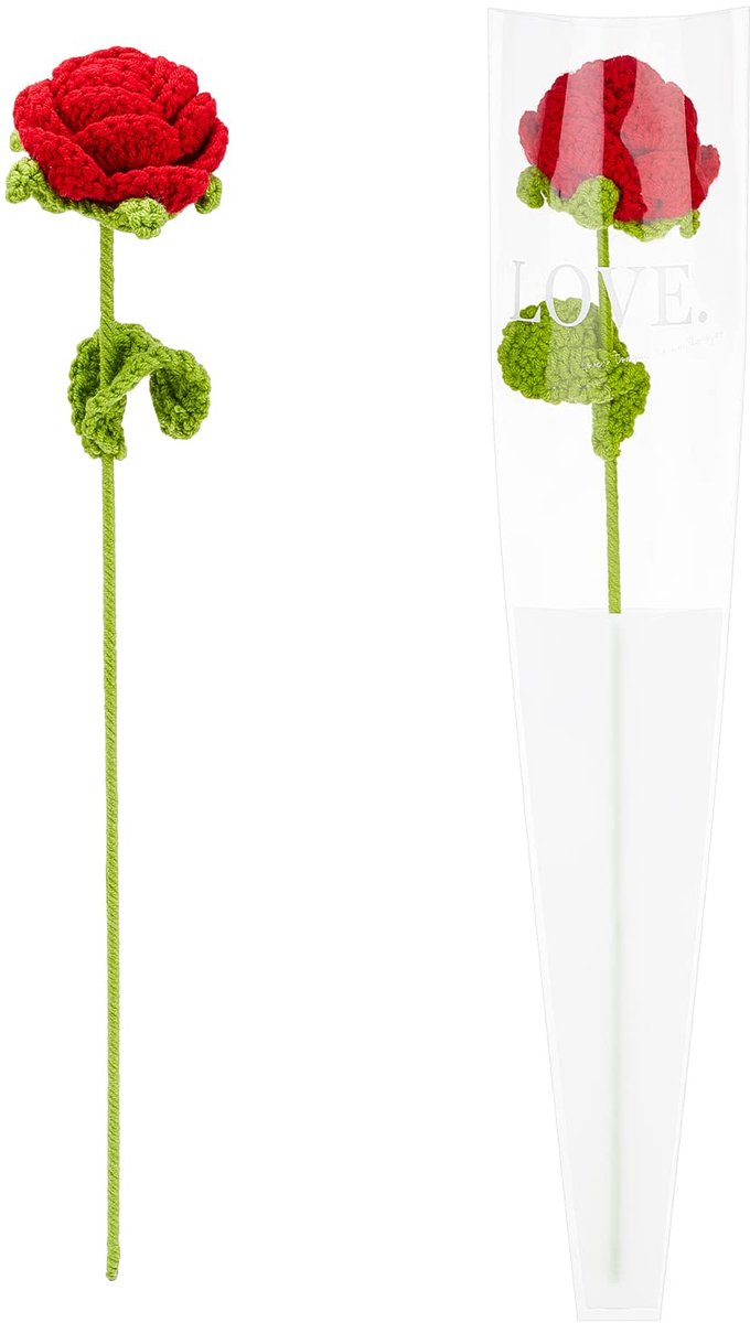 2 stuks handgemaakte gebreide roos bloem met pakketzak kunstmatige gebreide bloemen gehaakte roos handgemaakte enkele rode rozen voor vrouw/vriendin/geliefden, verjaardag, jubileum,
