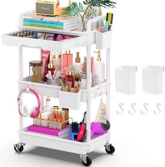 Yeabett Opbergwagen met 3 verdiepingen met lade, multifunctionele trolley met kunststof plank en vergrendelbare wielen, multifunctionele opbergwagen voor keuken, badkamer, kantoor, woonkamer, wit