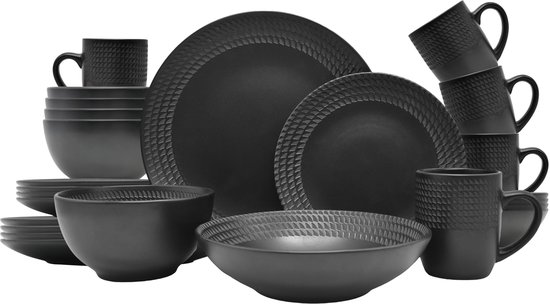 ECHTWERK 30-delig vintage BlackStyle servies - Modern design - Voor 6 personen - Aardewerk servies met 6 dinerborden, 6 dessertborden, 6 kommen - 6 theekopjes, 6 soepborden