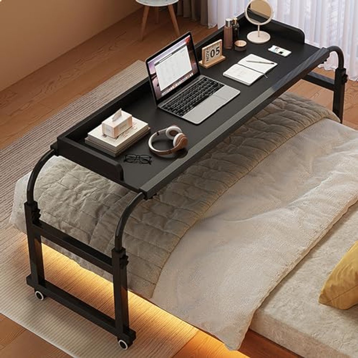 Verstelbare Overbedtafel op Wielen - Hoogte 65-95cm, Ideaal voor Thuiswerken en Studeren in Bed