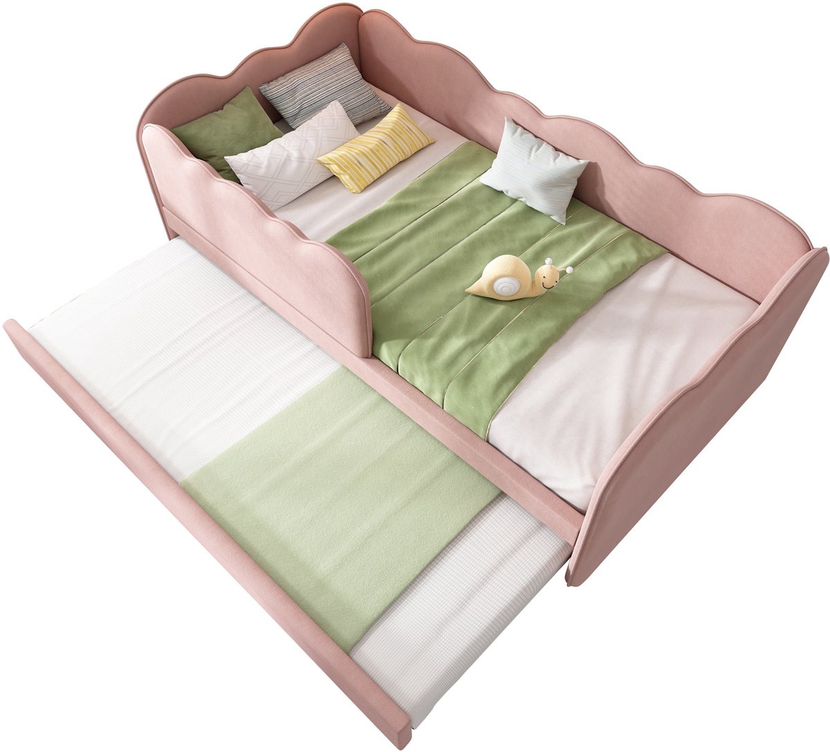 Merax Gestoffeerd Bed 90x190 cm - Logeerbed met Uittrekbed - Kinderbed met Houten Lattenbodem - Fluwelen Stof - Roze - Zonder Matras