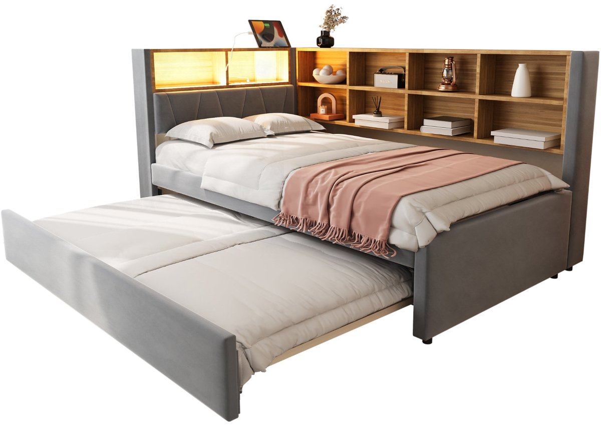 Merax Slaapbank 90x200 - Uitrolbed 90x190 - LED Verlichting - USB Type-C en Stopcontact - Gestoffeerd Bed - Fluwelen Stof - Opbergruimte - Donkergrijs