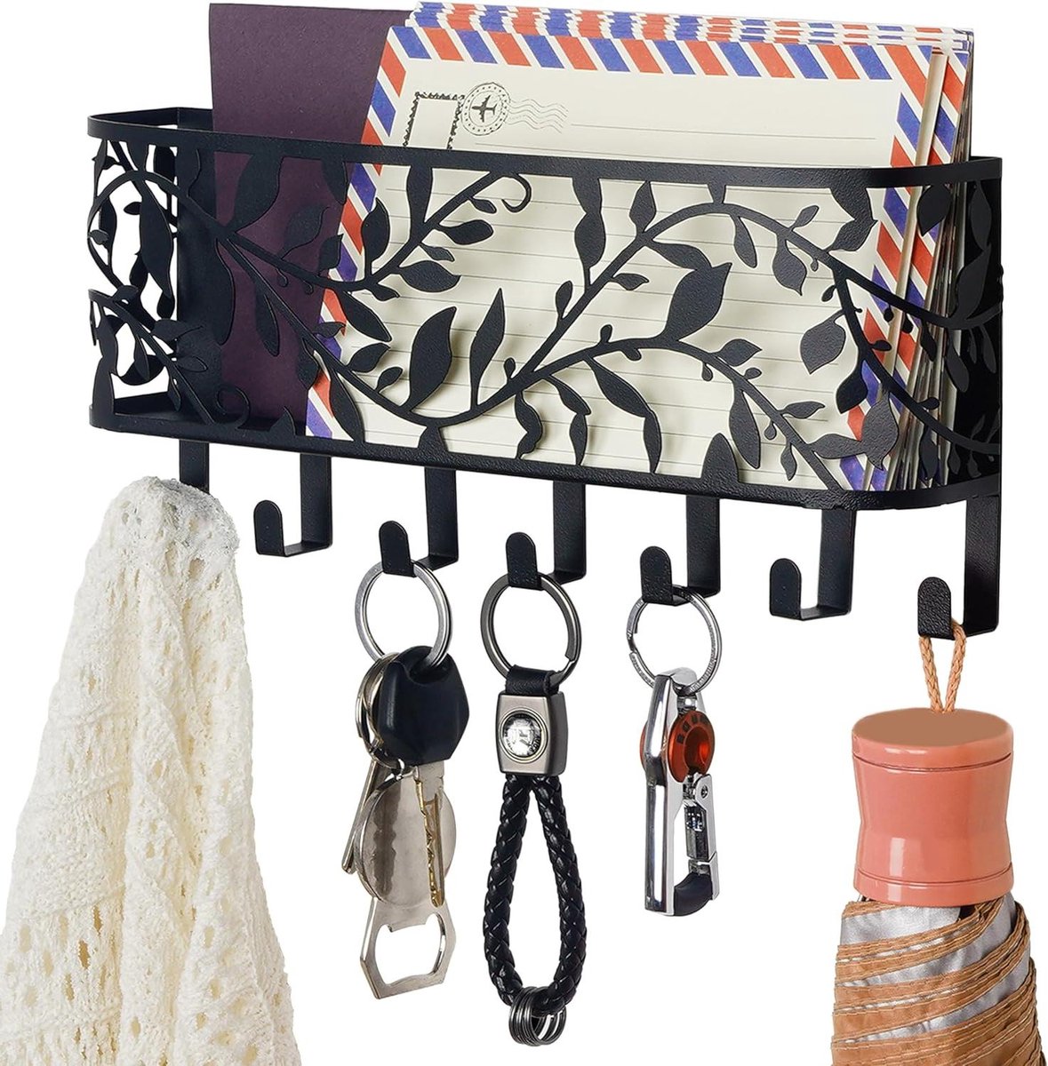 Orivio - Muurhaak met 7 haken - Decoratieve brievenorganizer - Sleutelhouder - Rustieke muurplank voor huis, entree, hal, woonkamer of berging