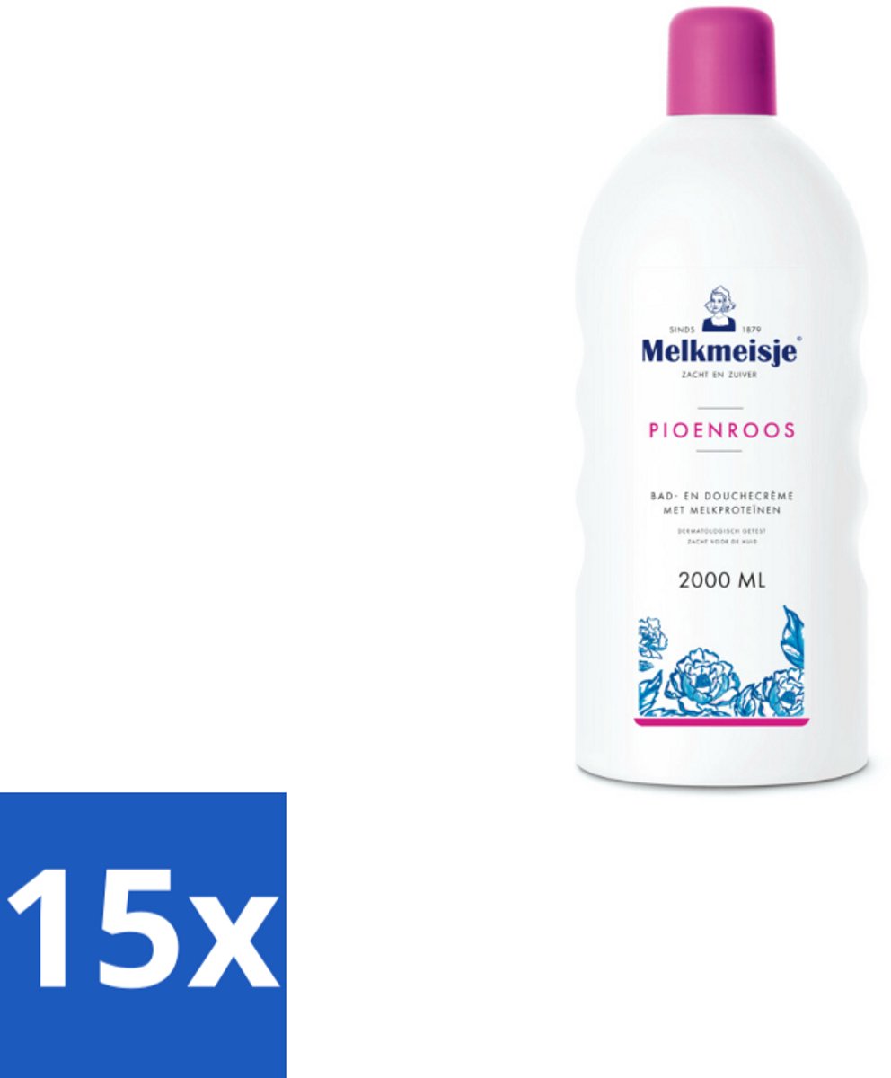 15 x Melkmeisje Bad en Douche Crème Pioenroos 2000 ml - Douchecrème - Melkproteïnen - Katoen - Huidverzorging - Pioenroos