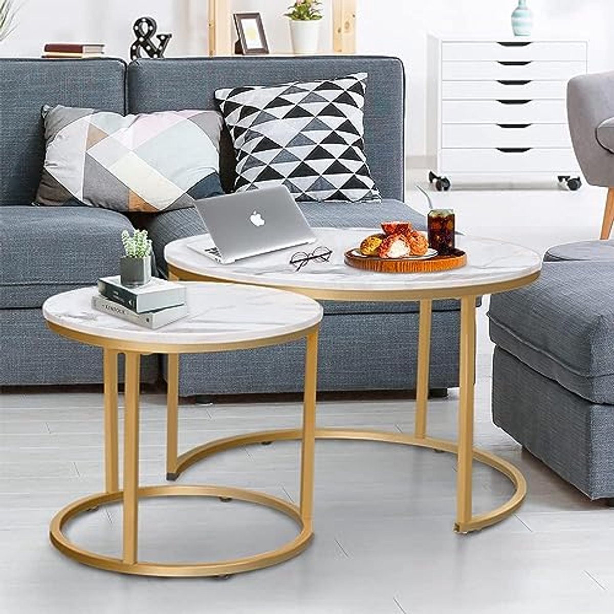 Set van 2 Ruimtebesparende Ronde Salontafels met Metalen Frame