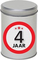 Cadeau/kado zilver rond blik 4 jaar 13 cm - Snoepblikken - Cadeauverpakking voor verjaardag