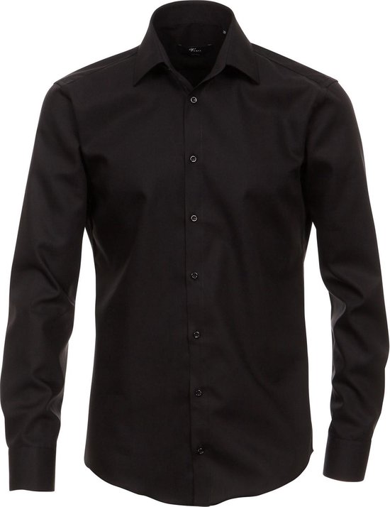 VENTI modern fit overhemd - popeline - zwart - Strijkvriendelijk - Boordmaat: 44