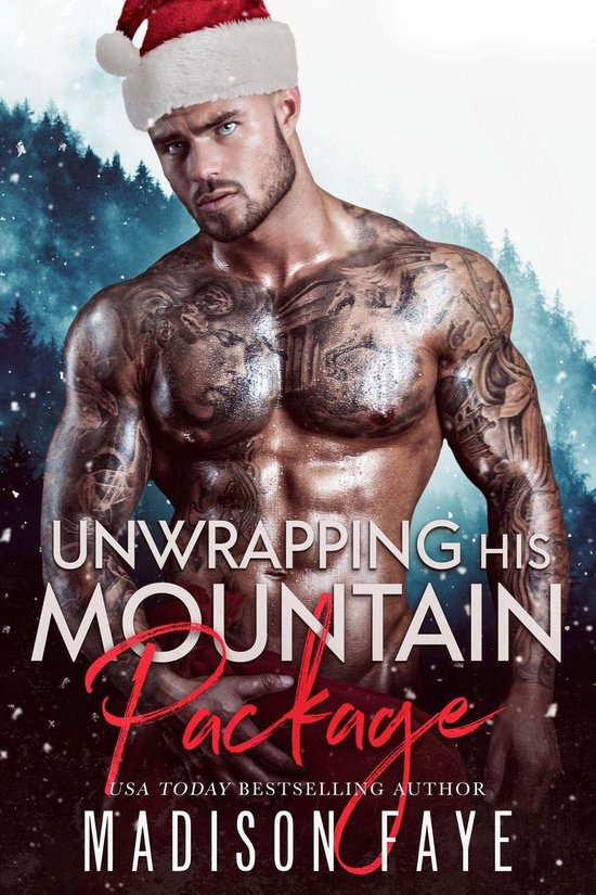 Man met tatoeages en kerstmuts, op de voorkant van het boek staat 'UNWRAPPING HIS MOUNTAIN Package'.