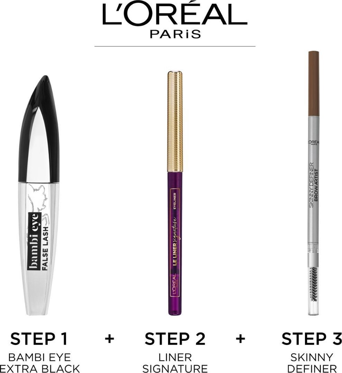 Zilverkleurige en zwarte L'Oréal Bambi Eye False Lash mascara met deksel en borsteltje ernaast.