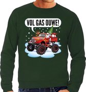 Foute Kersttrui / sweater - Santa op monstertruck / truck - vol gas ouwe - groen voor heren - kerstkleding / kerst outfit S (48)