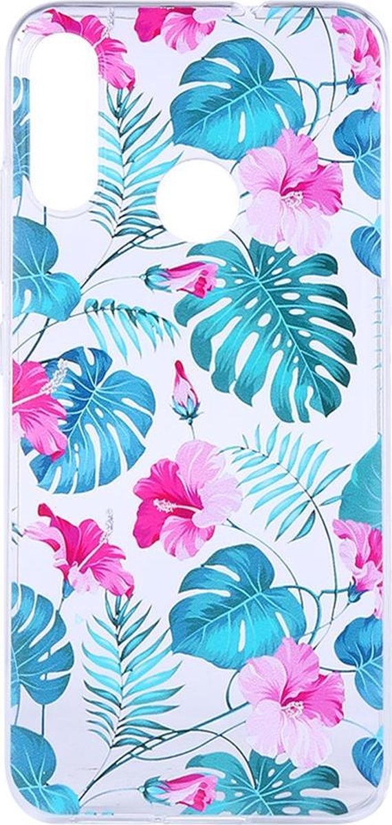 Shop4 - Motorola Moto E6 Plus Hoesje - Zachte Back Case Bloemen en Bladeren Transparant