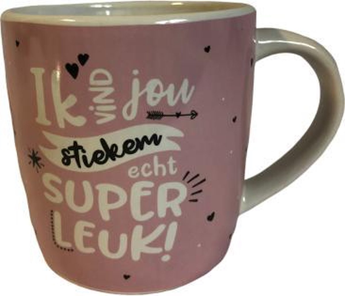 Mok - Ik vind jou stiekem echt super leuk! - Gevuld met een mix van verpakte toffees - In cadeauverpakking met gekleurd lint