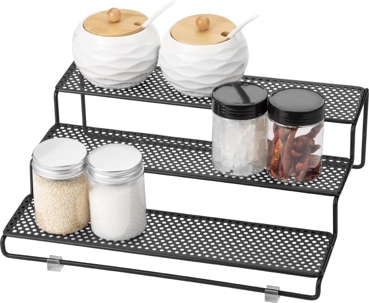 3 Tier Spice Rack Countertop Organizer Keukenkast Pantry Storage Holder Metaal Zwart Keukenkast organizer