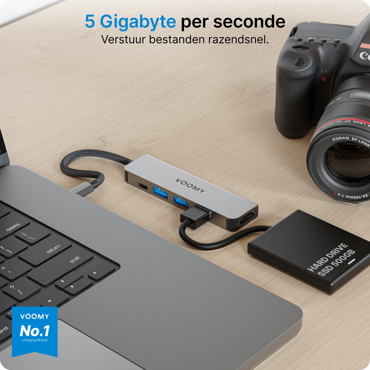 Voomy 5-in-1 USB-C Hub – 4K HDMI, USB-C 100W PD, USB-A 3.0 & 2x USB-A 2.0, aluminium docking station - Afbeelding 3