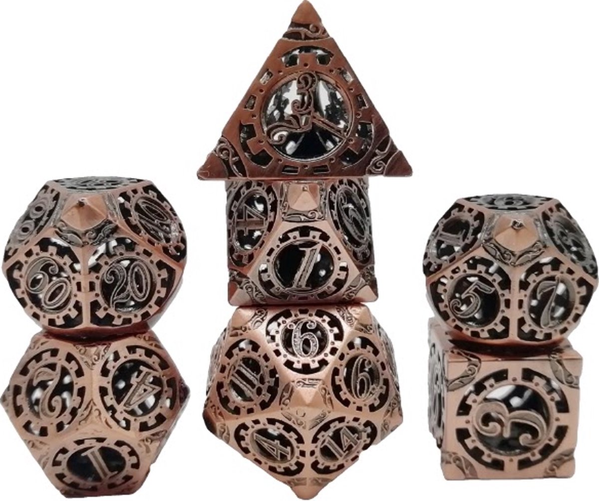 Lapi Toys - Dungeons and Dragons dobbelstenen - DnD Dice - Polydice - Dobbelstenen Dungeons Dragons - Metal dice - Metalen Dobbelstenen - DnD Dice Set - Hollow dice - 1 set (7 stuks) - Metaal - Bronskleurig