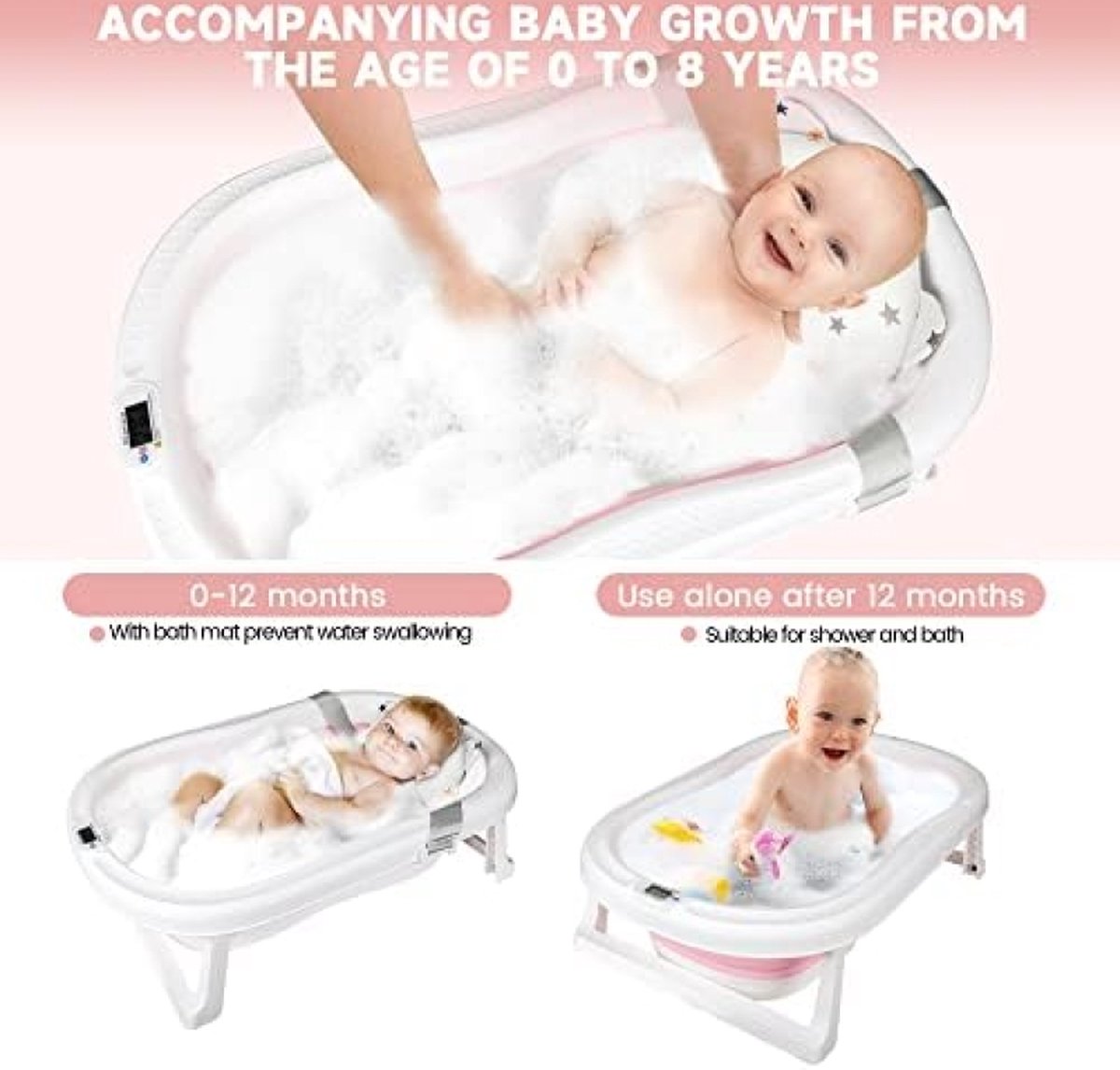 Grote Babybadkuip Met Temperatuursensor, Opvouwbare Babybadkuip Met Kussenpad, Antislip Steunpoot, Inklapbare Kuip Voor Peuter Baby Kinderen Badderen thumbnail 6