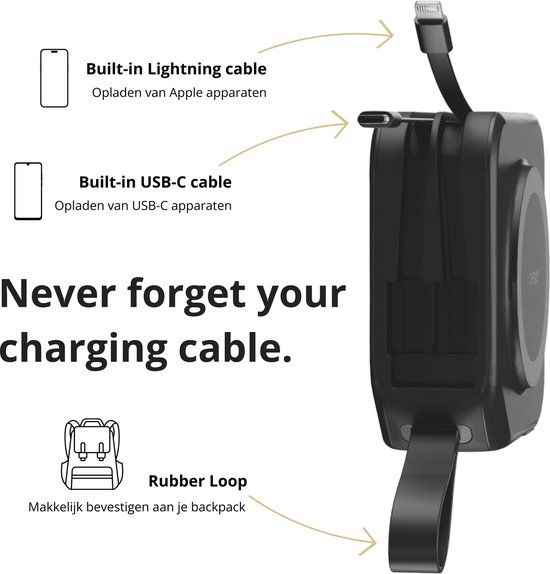 Zwarte Cheroy ChargePack Multi powerbank met ingebouwde Lightning en USB-C kabels, en rubberen lus.