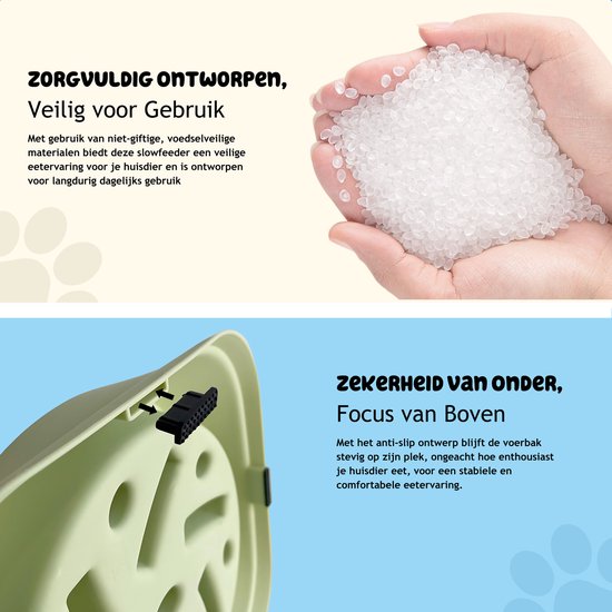 Handen houden kleine witte BPA-vrije pellets vast. Een groene slowfeeder voerbak is onderaan afgebeeld.