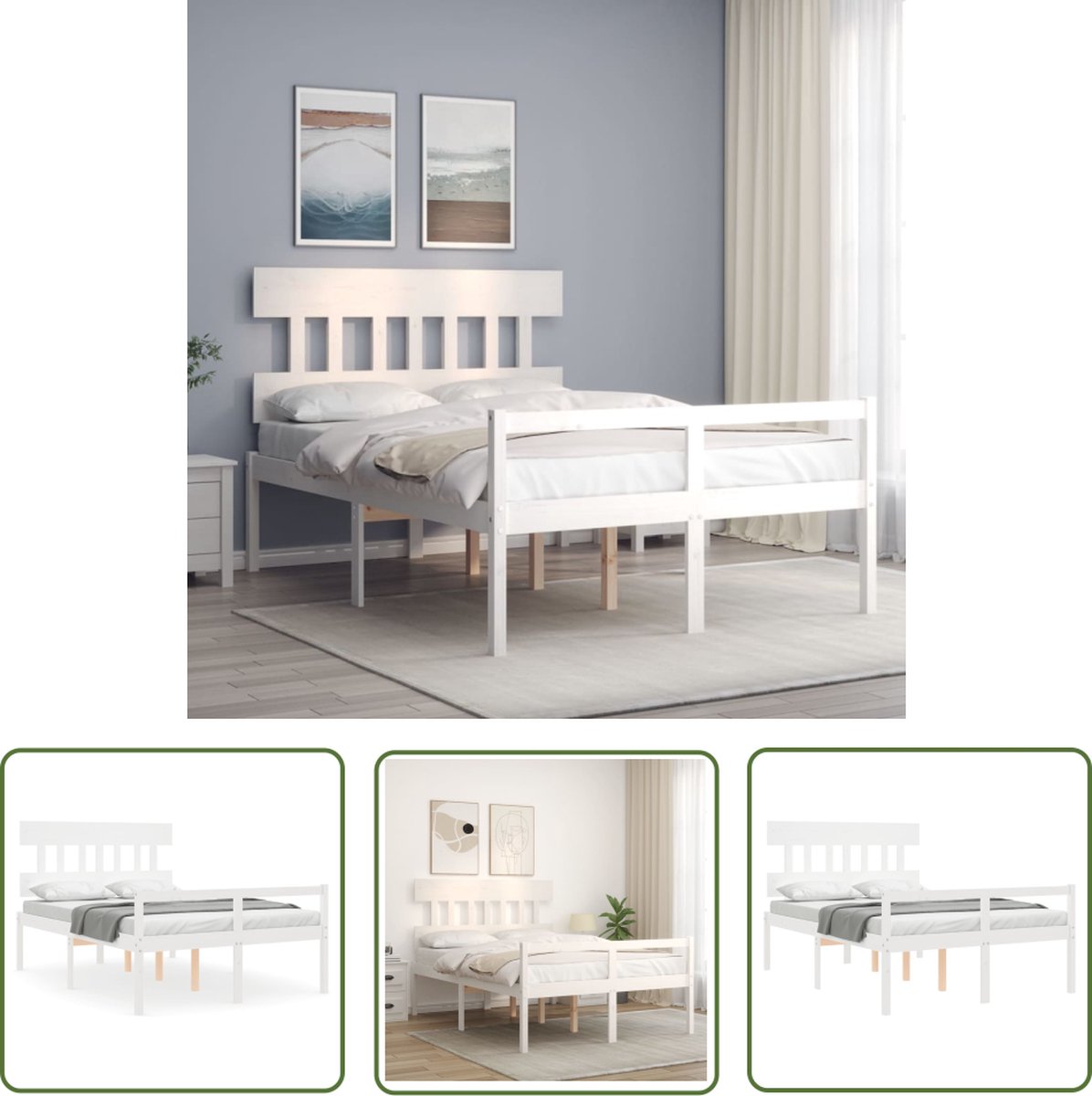 The Living Store Bedframe - Grenenhout - 195.5 x 125.5 x 81 cm - Wit - Montage vereist