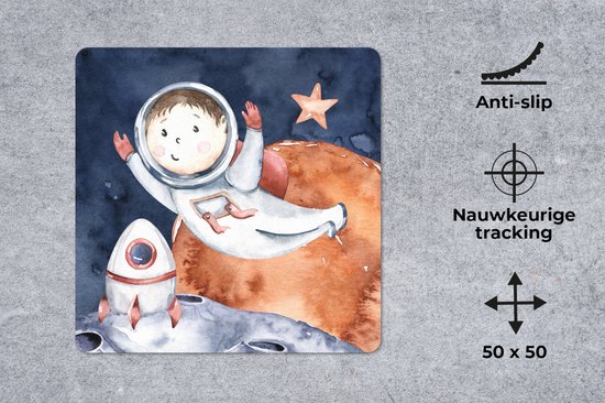 Muismat XXL 50x50 cm - Bureau onderlegger - Bureau mat Ruimte - Maan - Raket - Jongens - Meiden - Kinderen - Bureaumat - Gaming mousepad xl - Bureaulegger groot - Computer deskmat
