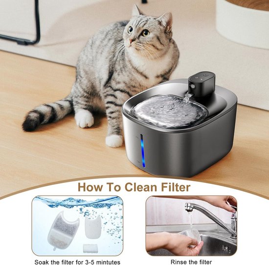 Kat bij een grijze waterfontein; onderaan uitleg hoe de filter te reinigen.
