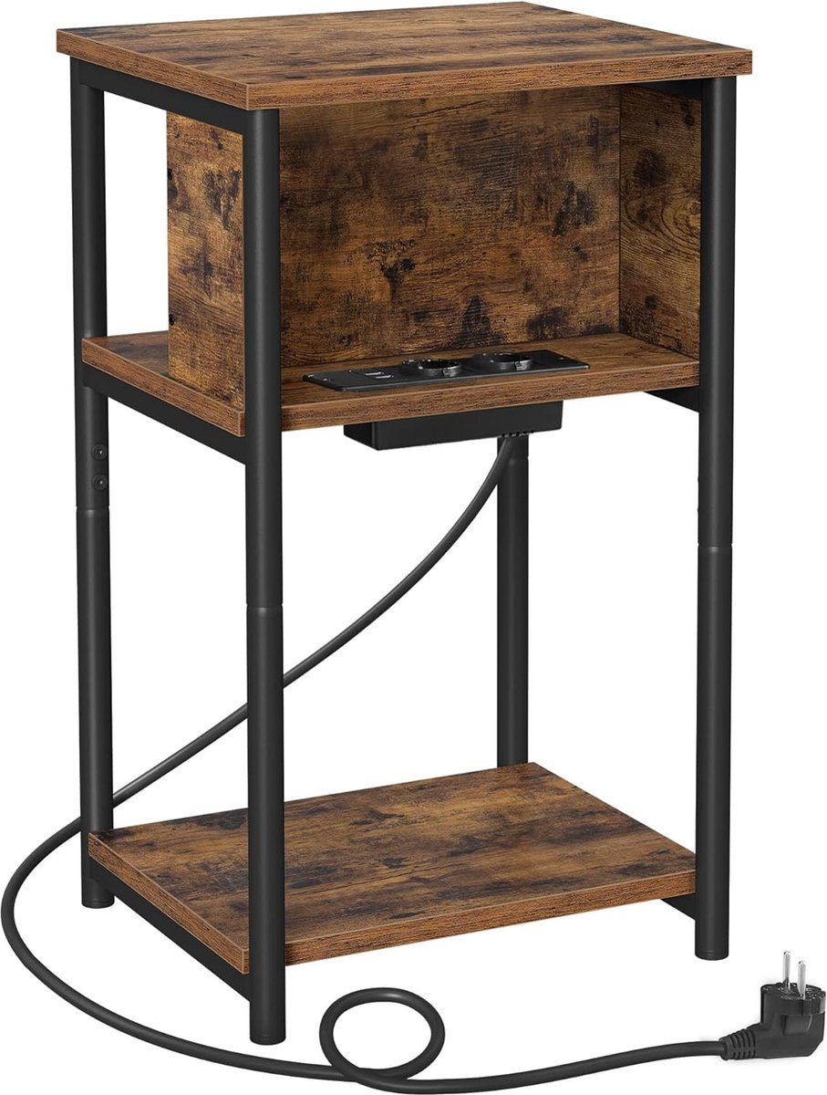 FurnStar - Bijzettafel - nachtkastje met stopcontact - klein - 2 AC-aansluitingen - 2 USB-poorten - 30 x 34 x 58 cm - voor woonkamer - slaapkamer - vintage bruin-zwart