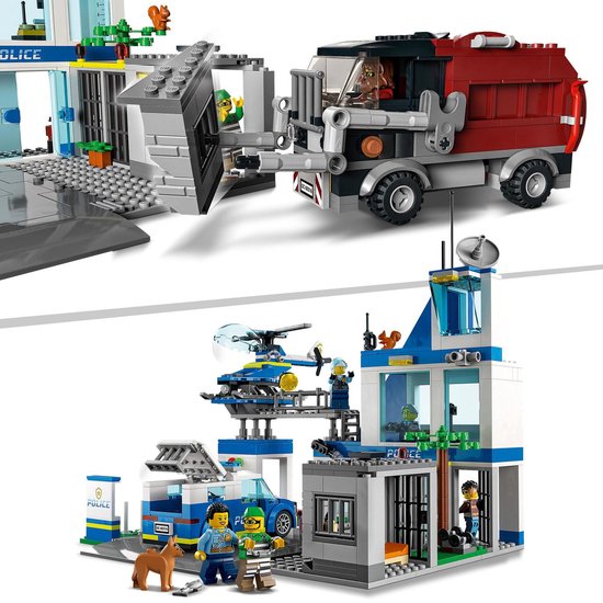 Gedetailleerde LEGO City speelgoedsets: een politiegebouw met helikopter en auto, en een vuilniswagen.