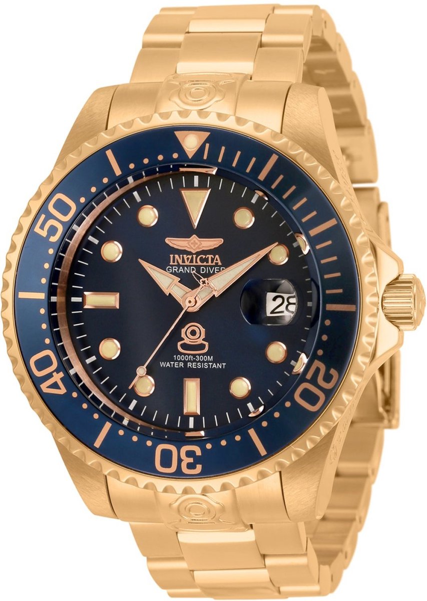 Invicta Grand Diver 33316 Heren Horloge - Waterdicht - Analoog - Automatisch Uurwerk - Roestvrij Staal met blauwe Wijzerplaat