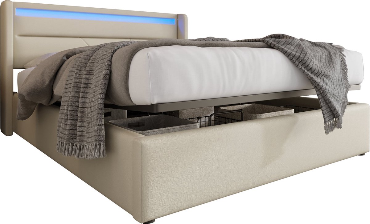 Merax Kunstleer Gestoffeerd Tweepersoonsbed 140x200 cm - Inclusief Matras - Bed met LED Verlichting en Hydraulische Opbergruimte - Wit Kunstleder