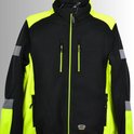 Zwarte fleece trui met reflecterende gele panelen op de zijkanten en manchetten. Rits met gele details.