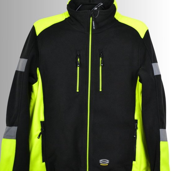 Zwarte fleece trui met reflecterende gele panelen op de zijkanten en manchetten. Rits met gele details.