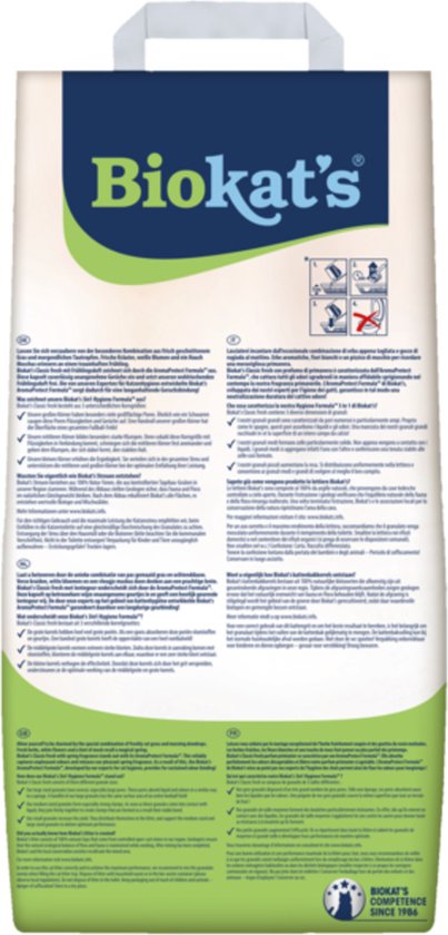 Achterkant van een zak Biokat's Classic 3in1 Fresh kattenbakvulling met productinformatie en instructies.