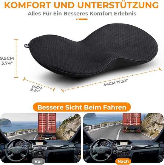 Afmetingen van het zwarte ergonomische kussen (44x24x9.5cm) en een voor-na-voorbeeld van beter zicht tijdens het rijden.