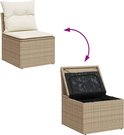 Rotan stoel met crème kussens, met opklapbaar deksel voor opbergruimte.