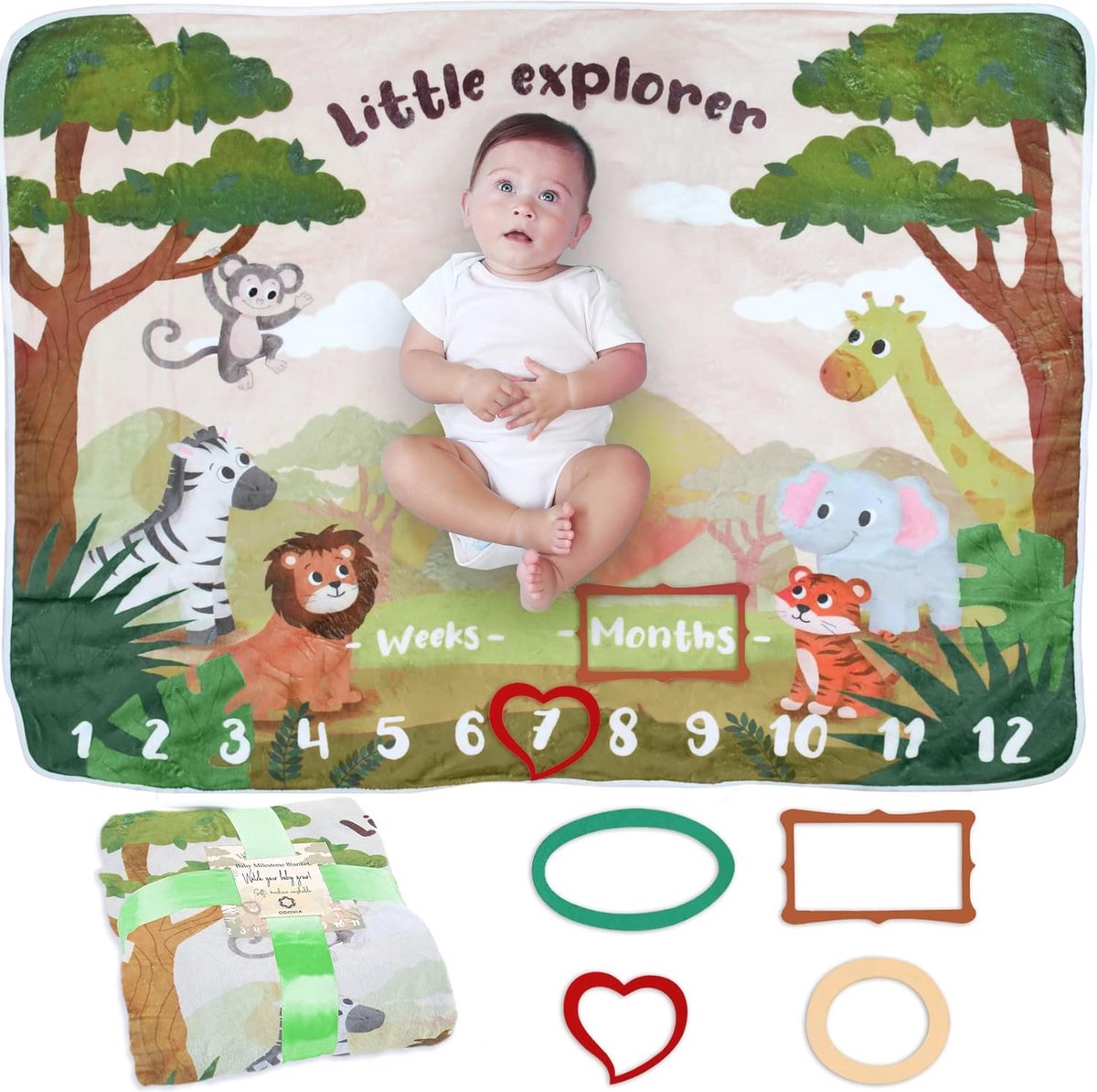Goedkoopste Mijlpaaldeken voor Baby | Perfect Kraamcadeau | Unisex Fotodeken met Safari en Jungle Thema | Zacht en Comfortabel | Ideaal voor Maandelijkse Herinneringen