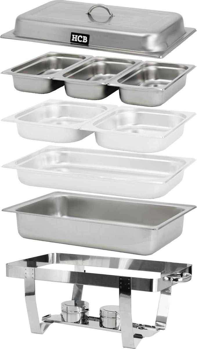 HCB® - Professionele Chafing dish - Incl. 3 x 1/3 GN - RVS / INOX Buffetwarmer - Incl. 3 Gastronormbakken - Bain marie - Horeca Warmhoudschaal - 37x57x30 cm (DxBxH) - 3 kg - 8073 — afbeelding 2