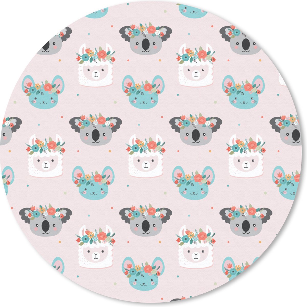 Muismat rond 50x50 cm - Mousepad Lama - Koala - Bloemen - Pastel - Ronde muismatten