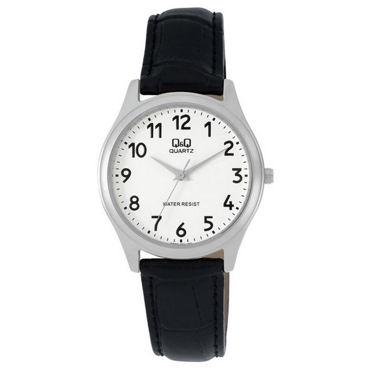 QQ Q852J304Y - Horloge - Analoog - Mannen - Heren - Leren band - Rond - Metaal - Cijfers - Zwart - Zilverkleurig - Wit - 3ATM