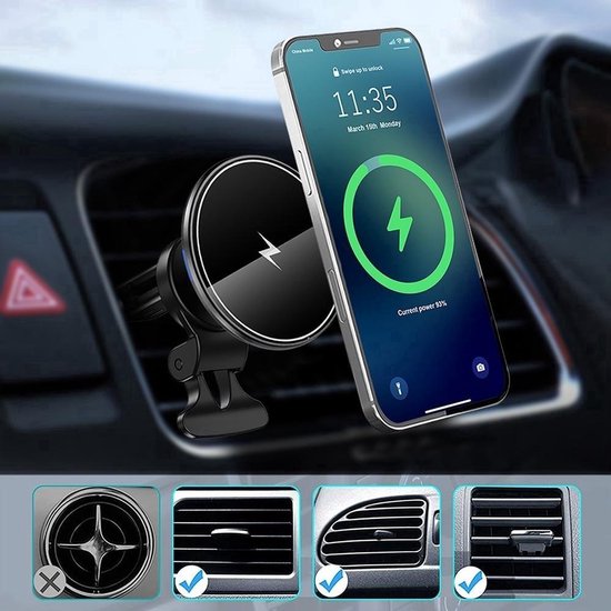 BAIK Draadloze GSM houder Telefoonhouders Auto + Draadloos laden /Fast Charge Qi - Universele Autohouder - Telefoonhouder auto - Ventilatierooster - auto oplader - Snelle telefoon lader auto - 10W /7.5W - Apple - Iphone 12 / 13 / 14 / 15 / 16