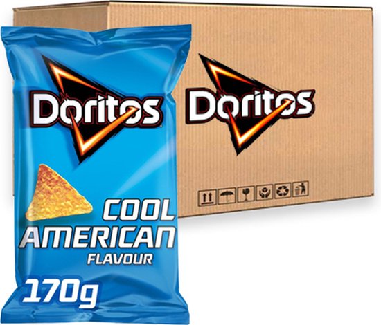 Blauwe Doritos Cool American 170g zak met een chips en een kartonnen doos.