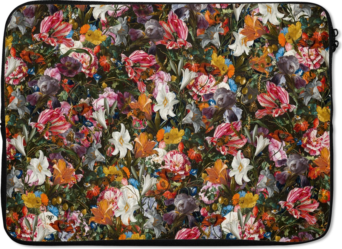 Laptophoes 14 inch - Bloemen - Vlinder - Design - Kunst - Abstract - Schilderij - Oude meesters - Laptop sleeve - Binnenmaat 33x23 cm - Zwarte achterkant