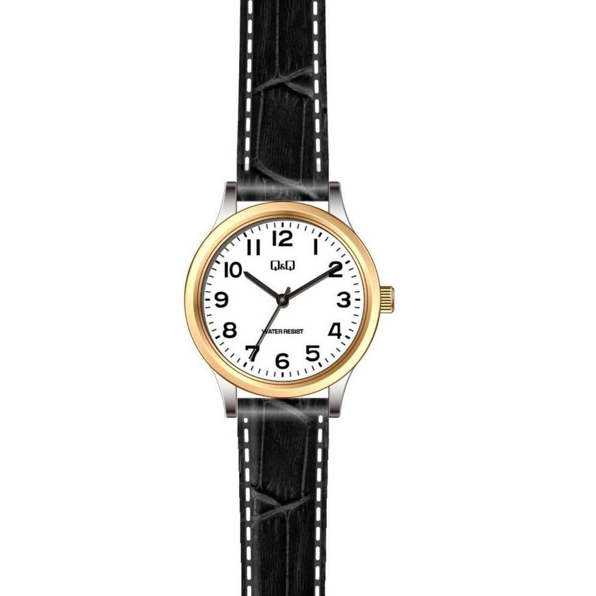 QQ C15A-500PY - Horloge - Analoog - Vrouwen - Dames - Leren band - Rond - Staal - Zwart - Zilverkleurig - Goudkleurig