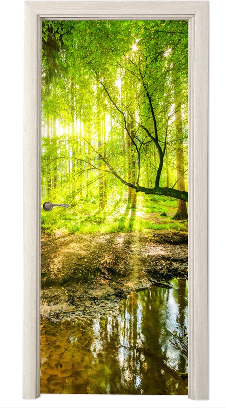 Deurposter 75x205 cm - Deursticker Bos - Landschap - Water - Bomen - Zon - Groen - Natuur - Meubelfolie zelfklevend - Deurfolie woonkamer - Interieurfolie fotobehang - Deur plakfolie - Deurstickers - Deurbehang sticker - Kamer decoratie